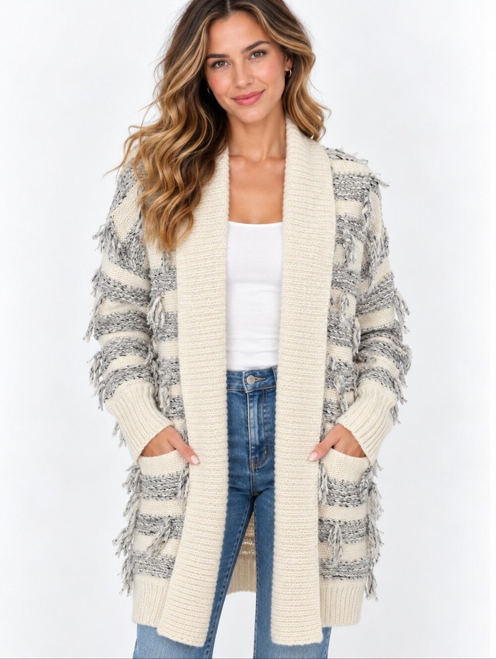 Lou & Grey Cardigan Women S Ivory Gray Wool Alpaca Fringe Open Front Sweater
